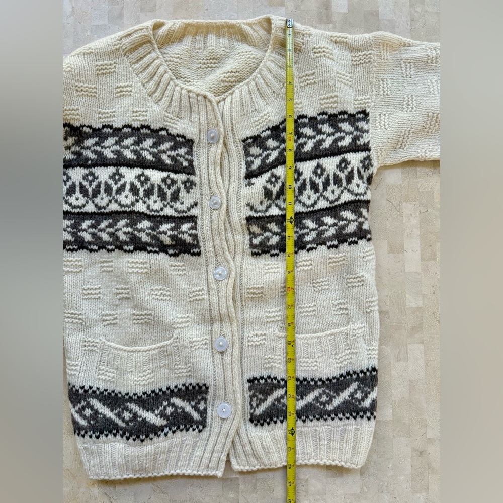 VINTAGE Wool Chunky Heavyweight Hand knit Mohair Fair Isle Cardigan Sweater M - Picture 5 of 9